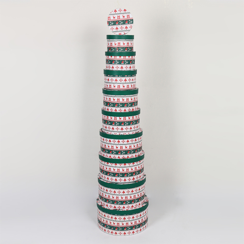 Caja de regalo navideña con patrón de papel recubierto redondo 813 con estampado de lámina dorada y laminación mate