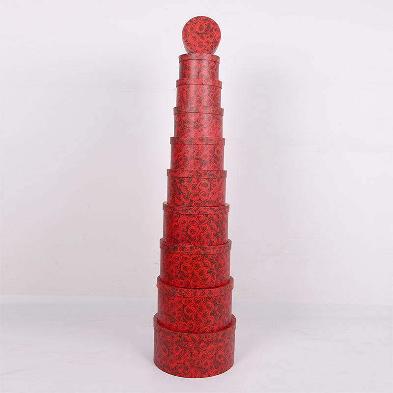 Caja de regalo apilable redonda con estampado de corazón romántico de 10 piezas